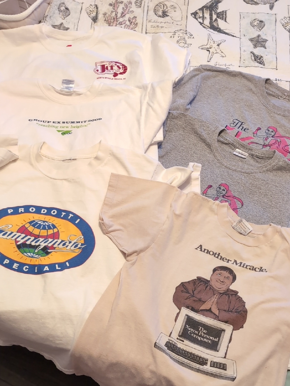 🌿Six Size M Short Sleeve Graphic Tees in Cream, White, Gray and Pink Accents